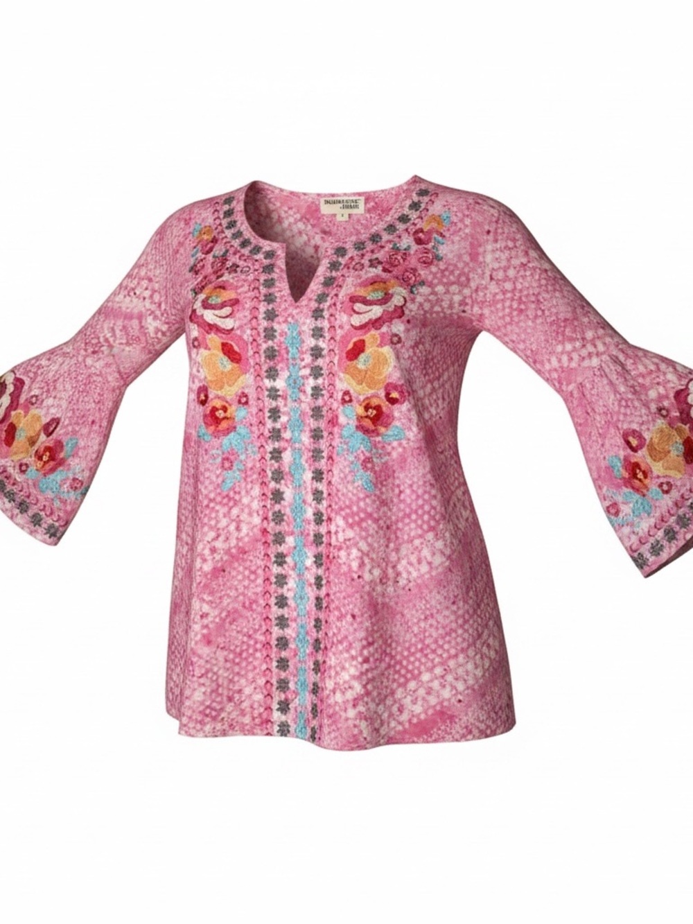 Savanna Jane “South Beach” Embroidered Tunic Top 3/4 Length Bell Sleeves Sz Smal
